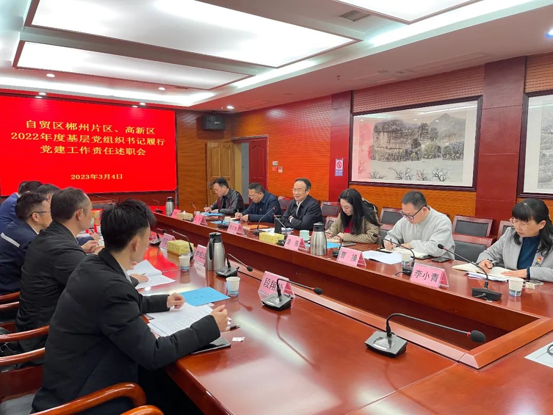 会上，郴州自贸片区、高新区两新综合党委、机关党委，湖南柿竹园有色金属有限公司郴州钨制品分公司党委、郴州华润燃气有限公司党总支部、郴州产业投资集团有限公司党总支、郴州市水电建设公司党总支、国信数字（湖南）产业发展有限公司党支部等党组织负责人进行了现场述职，周亦彬对述职情况逐一点评。随后，与会人员对各基层党组织书记开展了履职测评。 